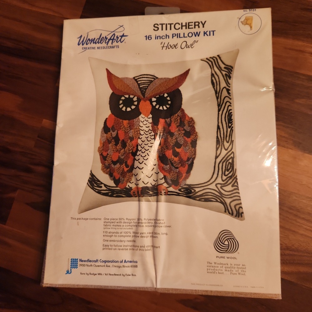 VTG 70s WonderArt Stitchery 16" Pillow Kit Hoot Owl #9131 - New Old Stock READ